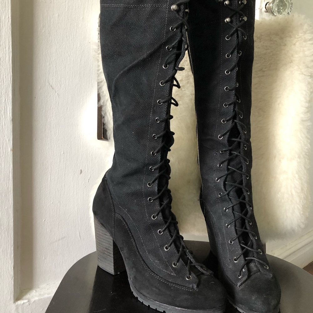 Rag & Bone lace up heeled canvas and suede boots